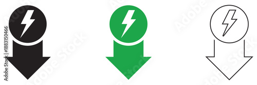 Low energy consumption icon. Minimal black and colour lightning arrow icon representing electricity, power flow, energy direction, and fast charging concept on white background.
