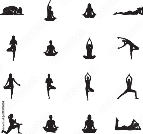 Yoga silhouette postures set for fitness and wellness concepts on white background