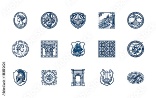 Vintage Blue Woodcut Engraving Mediterranean Heritage and Ancient Roman Civilization Graphic Element Kit for Luxury Hospitality Branding