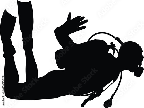 Scuba diver silhouette, underwater diving equipment icon, black and white swimmer illustration, ocean adventure sport concept, vector design