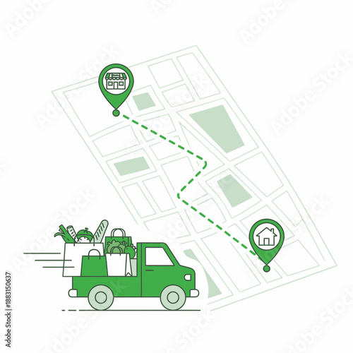 Online Grocery Delivery Service Truck Following GPS Route for Speedy Food Package Arrival at Home
