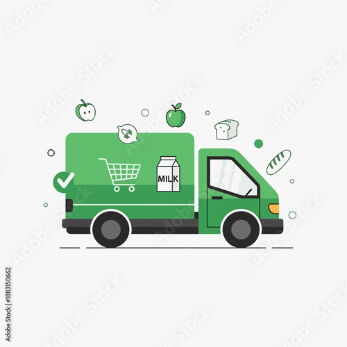 Online Grocery Delivery Service Truck with Fresh Produce and Milk Cartons Arriving Soon