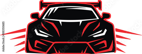 Sport racing car front view logo, red black supercar icon, speed automotive emblem, motorsport vehicle illustration, vector.