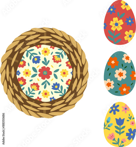 Easter Element Set: Wicker Basket and 3 Decorated Eggs from Top View -Folk Art / Detailed Texture-