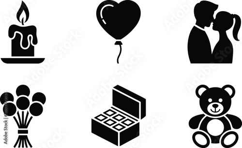Valentine’s Day romantic icons set with candle, heart balloon, kissing couple, flower bouquet, chocolate box and teddy bear for love themed designs