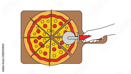 Pizza Slice Being Cut On A Cutting Board Vector Illustration Ready To Eat