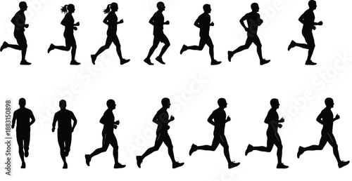 Set of running people silhouettes; men and women jogging, marathon runners, sport training, exercise, isolated black vector on white.