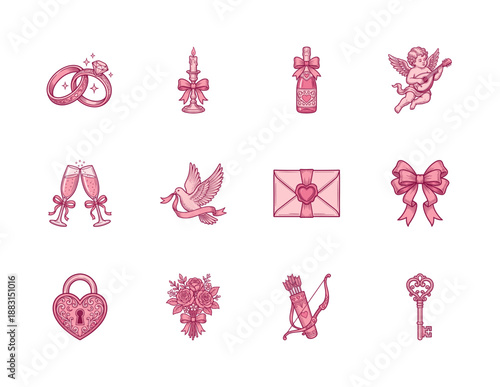 Engraved Pink Romantic Symbols Element Kit for Vintage Valentine Wedding Stationery