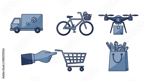 Online Shopping Delivery Methods Conveyed Through Truck, Bicycle, Drone, and Shopping Cart Design