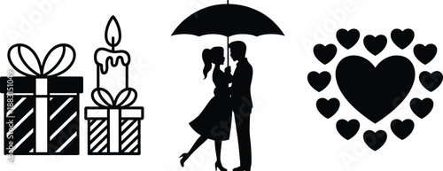 Valentine’s Day romantic icons set with gift boxes, candle, loving couple under umbrella, and heart circle symbol for love design
