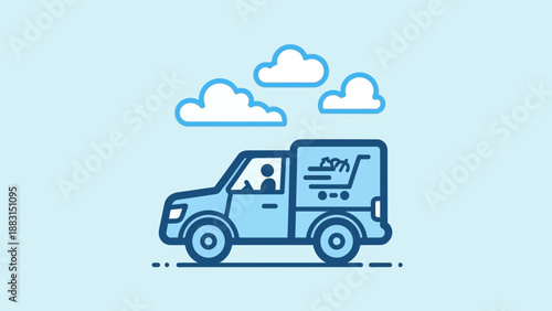 Online Shopping Delivery Truck Under Cloudy Skies With Shopping Cart Illustration