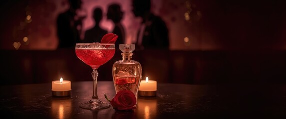 Valentine's Day themed cocktail bars, flavored cocktails, and perfume-infused drinks at night club on February 14th, toned