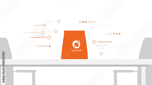 Orange Takeaway Bag Illustration On White Table With Abstract Geometric Designs