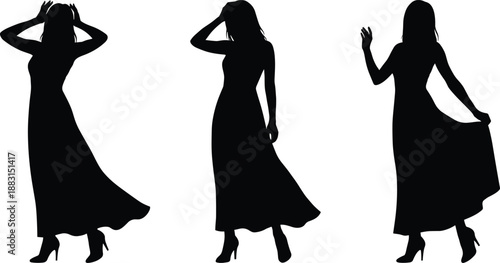 PrintSet of three elegant woman silhouettes wearing long dresses and high heels in various poses isolated on white background vector