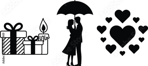 Valentine’s Day romantic icons with gift boxes, candle, loving couple under umbrella, and heart cluster symbol for love celebration design
