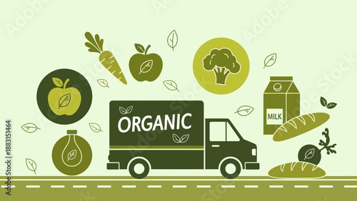 Organic Food Delivery Truck Carrying Fresh Produce on a Road to Provide Healthy Food