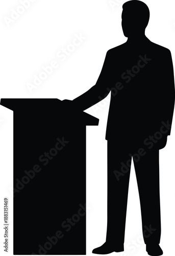 PrintSilhouette of a businessman speaker standing at a podium giving a presentation or speech isolated on a white background vector