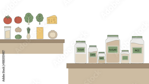 Organized Kitchen Pantry With Fresh Ingredients and Dry Goods For Cooking