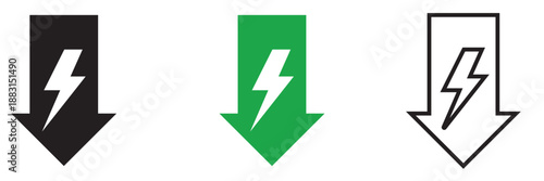 Low energy consumption icon. Minimal black and colour lightning arrow icon representing electricity, power flow, energy direction, and fast charging concept on white background.

