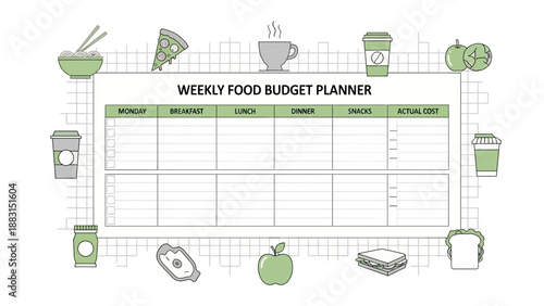 Organized Weekly Food Budget Planner With Food Icons and White Background Design