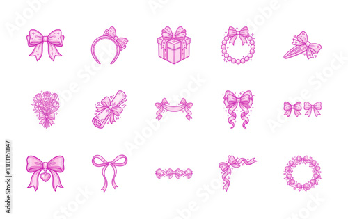 Hand-drawn Pink Monochrome Coquette Bows and Ribbon Ornaments Graphic Element Set for Romantic Stationery Design
