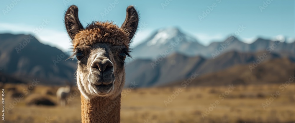 Naklejka premium Close-up of a baby llama in the Cotopaxi high-altitude lodge, Ecuador
