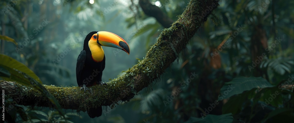 Obraz premium Ramphastos toco Toucan resting on tree branch within tropical jungle