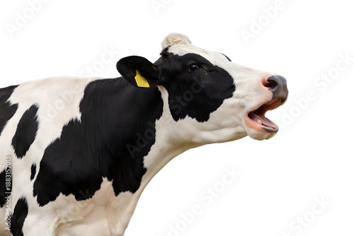Holstein Cow Mooing – Side Profile with Open Mouth and Yellow Ear Tag on White Background