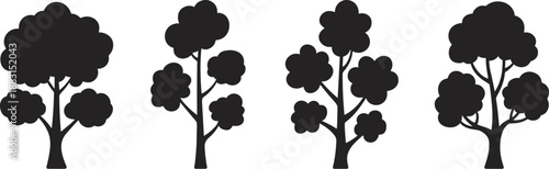 Tree silhouettes set, different leafy forest trees icons, black nature vector illustration collection isolated on white background