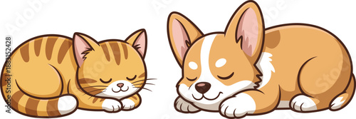 Cute sleeping cat and dog cartoon, kitten and puppy resting together, adorable pet vector illustration, isolated on white.