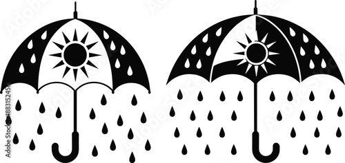 Umbrella with rain drops and sun icon set, weather protection symbol, black and white vector illustration design