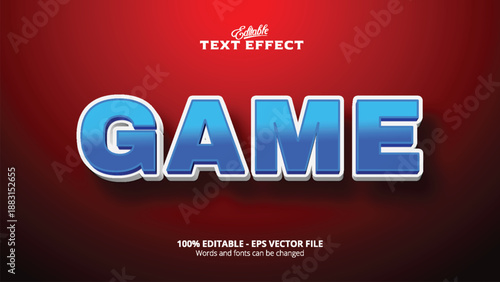 Bright blue 3d text effect spelling word game in bold block letters with white outline on dark red background creative editable vector design illustration