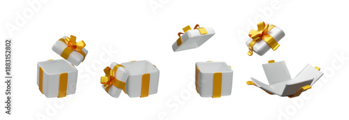 Open white gift box set golden ribbon and bow, isolated on white background. Three-dimensional gift box collection design for Christmas, New Year, birthdays, promotions, seasonal marketing materials.