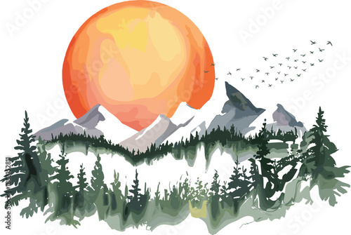 Watercolor mountain landscape illustration, sunset sun, pine forest silhouette, birds flying, nature scenery, outdoor adventure, vector background
