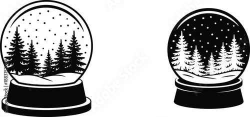 Winter snow globe silhouette set, pine forest christmas decoration icon, black and white vector illustration, isolated holiday design background
