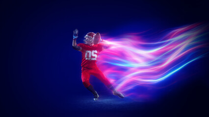 Expressive poster. American football quarterback throwing pass with neon energy motion. Concept of confidence emotion, leadership, strategy, sports branding, dynamic design.
