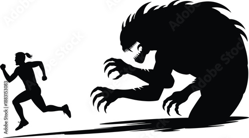 Woman running from monster silhouette, fear chase concept illustration, horror creature shadow, black and white vector isolated background design