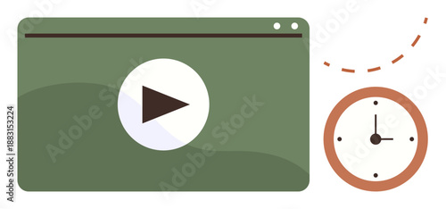 Online learning, time management, media creation, content scheduling, productivity, digital tools. Video player interface with play button next to a clock. Online learning and time management concept