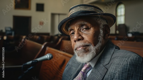 A dignified elderly man with a hat, sitting in a community setting, showcasing wisdom and experience with a thoughtful expression.