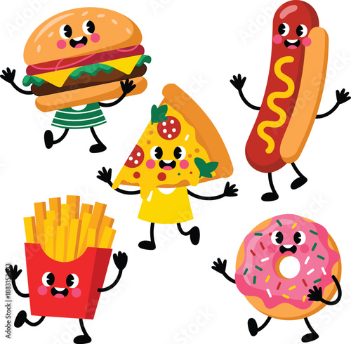 Cute fast food characters vector set, smiling burger pizza hotdog fries donut cartoons, kids menu illustration, isolated.