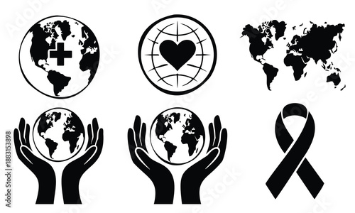 Bundle world health day silhouette global awareness and earth icons