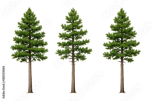 Evergreen Tree Trio – Coniferous Green Needle Foliage on White Background for Botanical and Environmental Graphics
