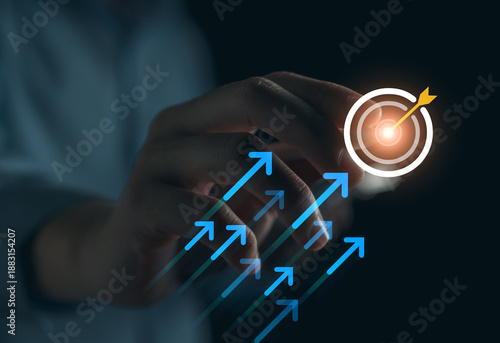 Businessman pointing at target with upward arrows symbolizing business growth, goal achievement, and strategic focus. Leadership, success, planning.