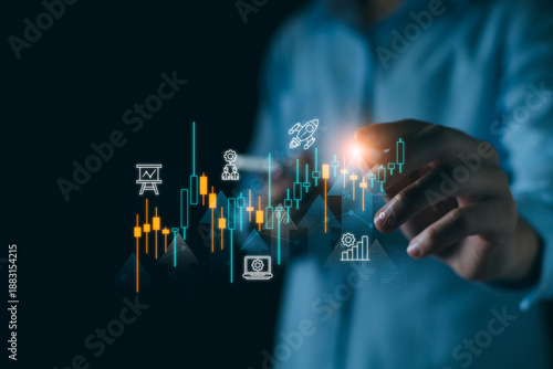Business person analyzing stock market data, Concept of financial investment, trading strategy, forex growth, digital economy, and business plan.