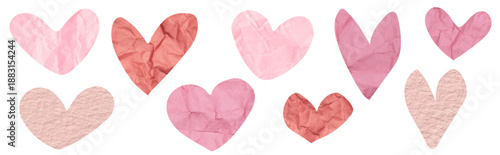 Set of textured pink hearts that look like they are cut out of paper. Soft paper texture, gentle pastel pink tones, and a handmade collage effect. Perfect for greeting cards, posters