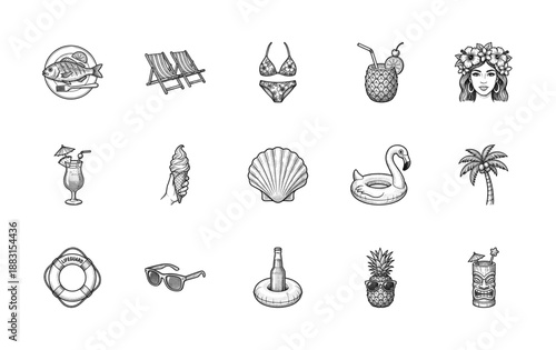 Vintage Woodcut Engraving Summer Tropical Beach Graphic Element Kit for Vacation Branding and Design