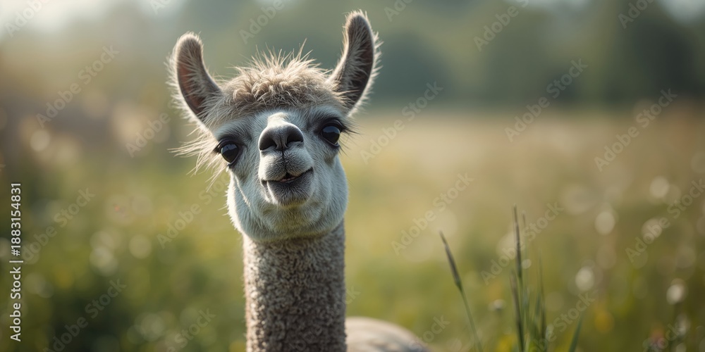 Fototapeta premium Llama with a gray muzzle during summer, focusing on animal head and coat details