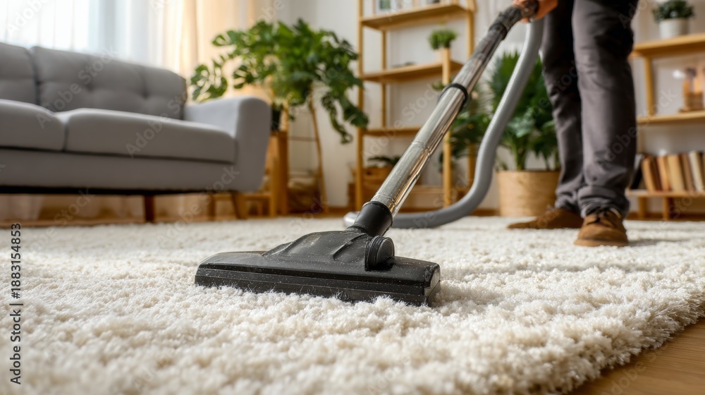 Fototapeta premium Professional cleaner deep cleans light-colored carpet in cozy living room using vacuum on sunny day