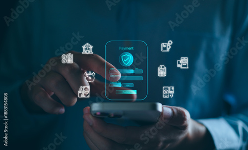 Digital payment security conceptual, business man using smartphone for online financial transaction, fintech, save money, online shopping.