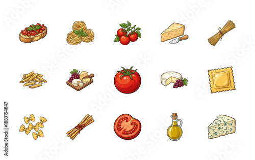 Hand-Drawn Colorful Engraving Italian Culinary Elements Kit for Gastronomy Menu Design and Food Branding